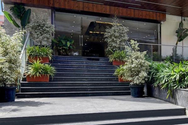 A building entrance with a set of stairs leading up to a glass door. There are potted plants on either side of the stairs.