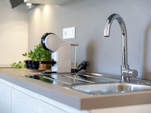 A modern kitchen with a stainless steel sink, a faucet, and a plant on the counter. - Cosy apartment for 6 people with A/C, WIFI and patio (Valledoria)