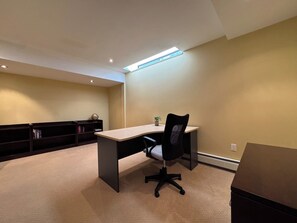 A room with a desk, chair, bookshelf, and a ceiling light fixture.