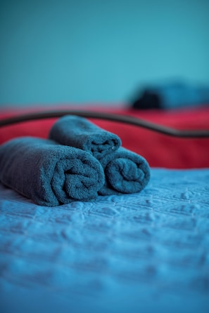 A bed with a blue blanket and a red blanket. - Ostello Stella Del Mare (Varazze)