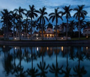 A waterfront property with a reflective pool, palm trees, and a building with illuminated windows.