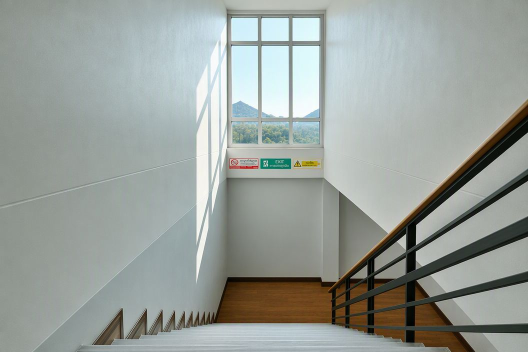 Una escalera con barandilla de madera y una ventana que da a vistas de vegetación y montañas.
