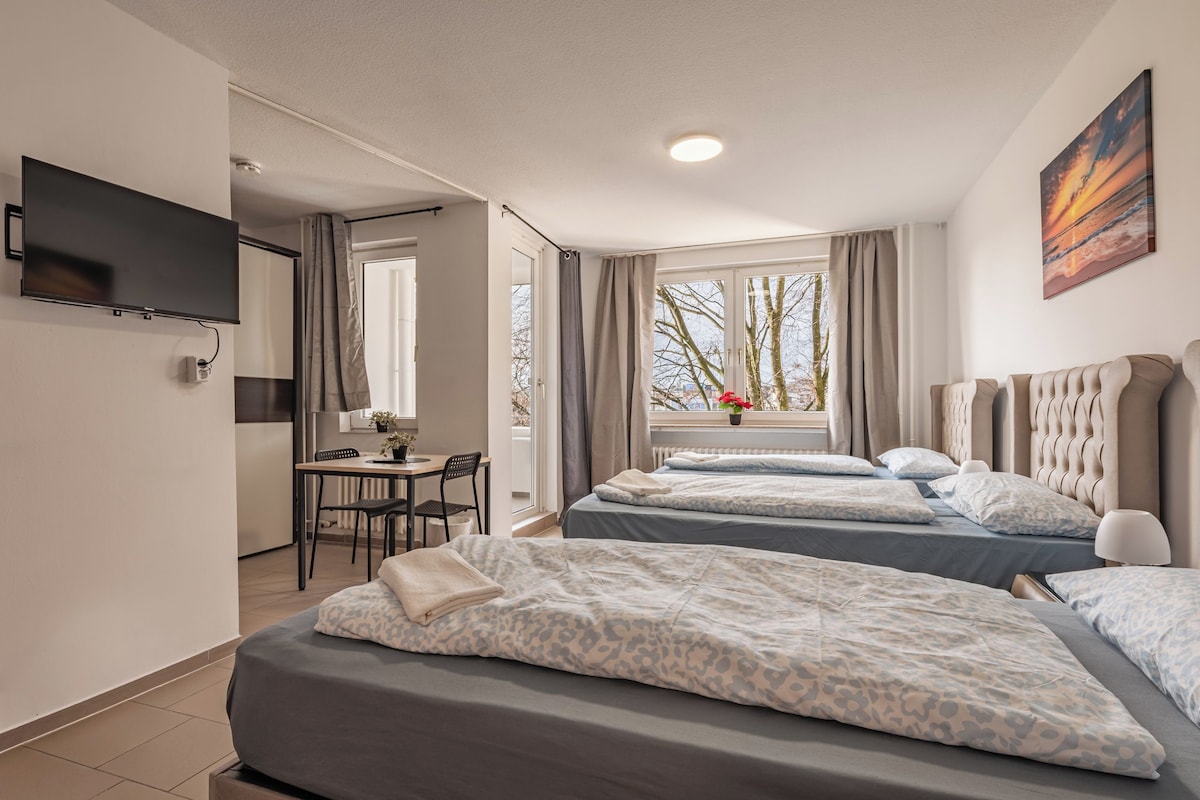 Habitació d'hotel amb dos llits, una taula de treball, una cadira, un televisor i una finestra amb cortines.