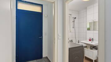 Een badkamer met douche, wastafel en spiegel.