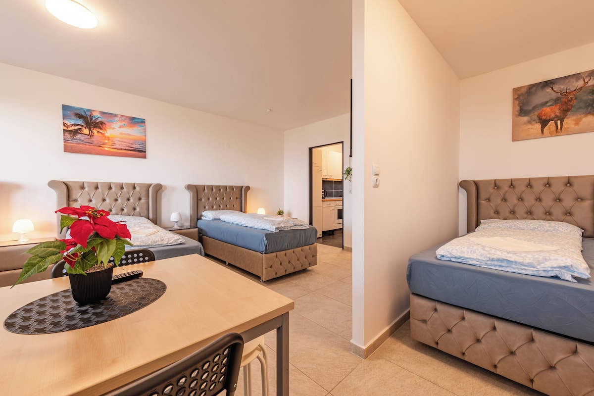 Habitació d'hotel amb dos llits, zona de dinar i cuina al fons.