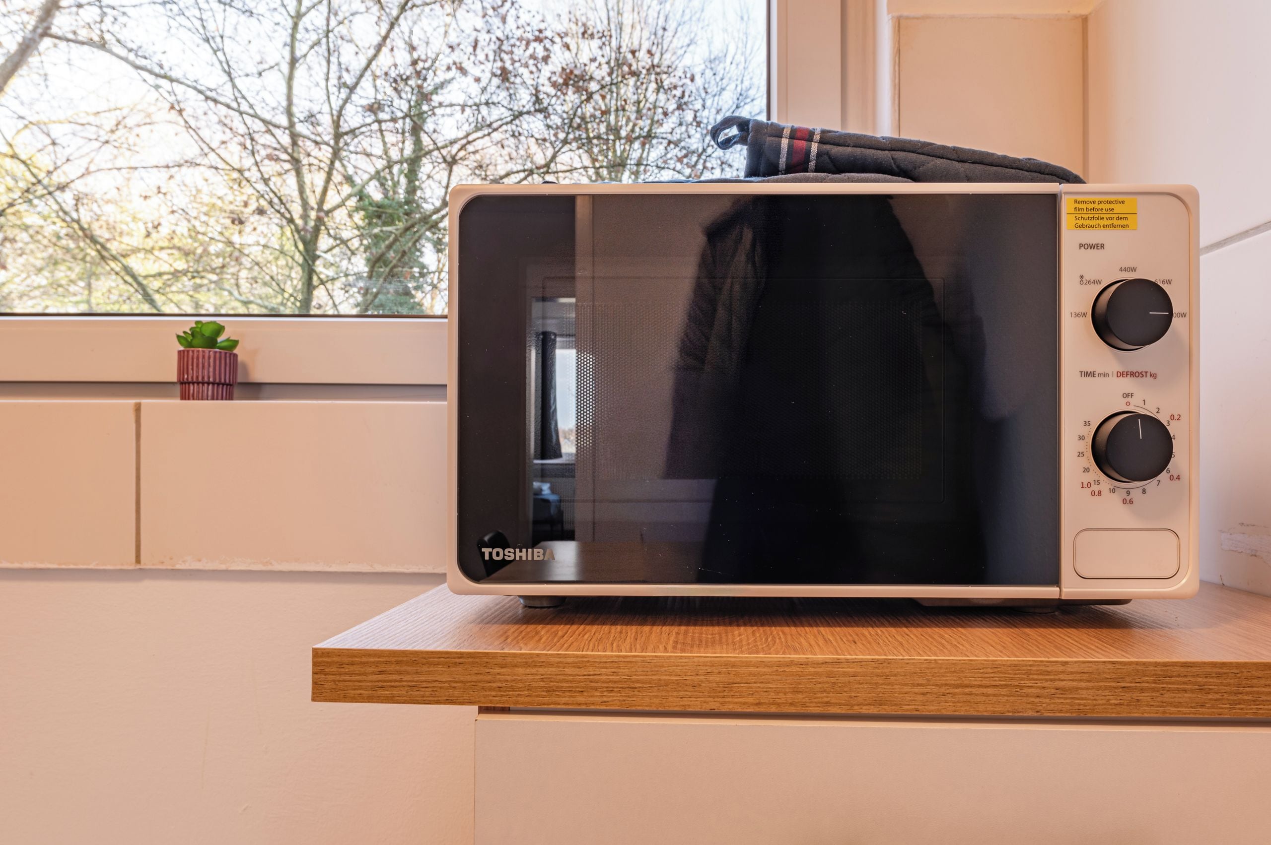Un four à micro-ondes Toshiba posé sur un plan de travail en bois, avec vue sur une fenêtre.