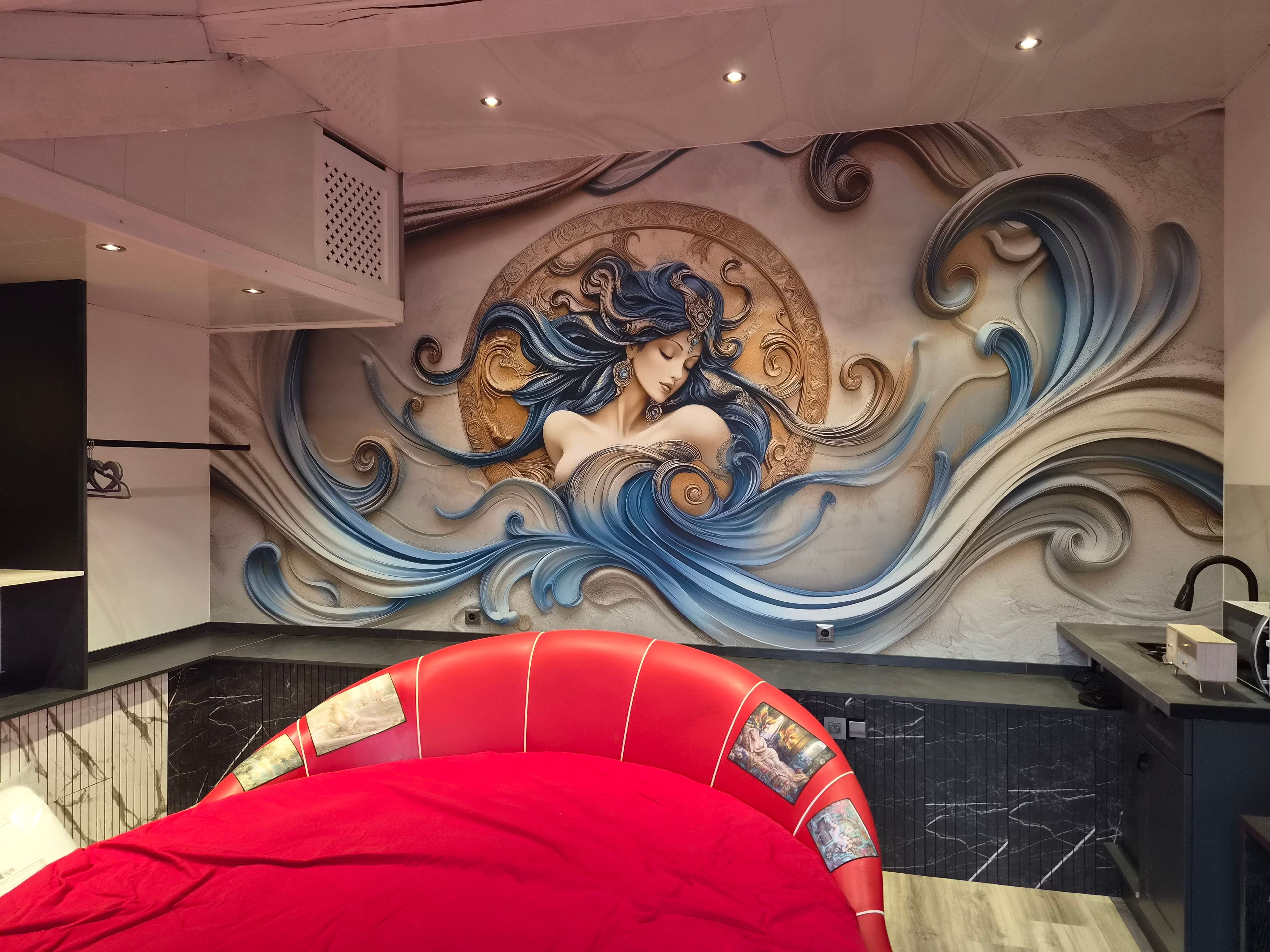 A hotel room with a mural, a red upholstered headboard, and a marble floor.