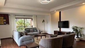 Una sala de estar moderna con un conjunto de sofá, una mesa de centro, un televisor y una planta en maceta.