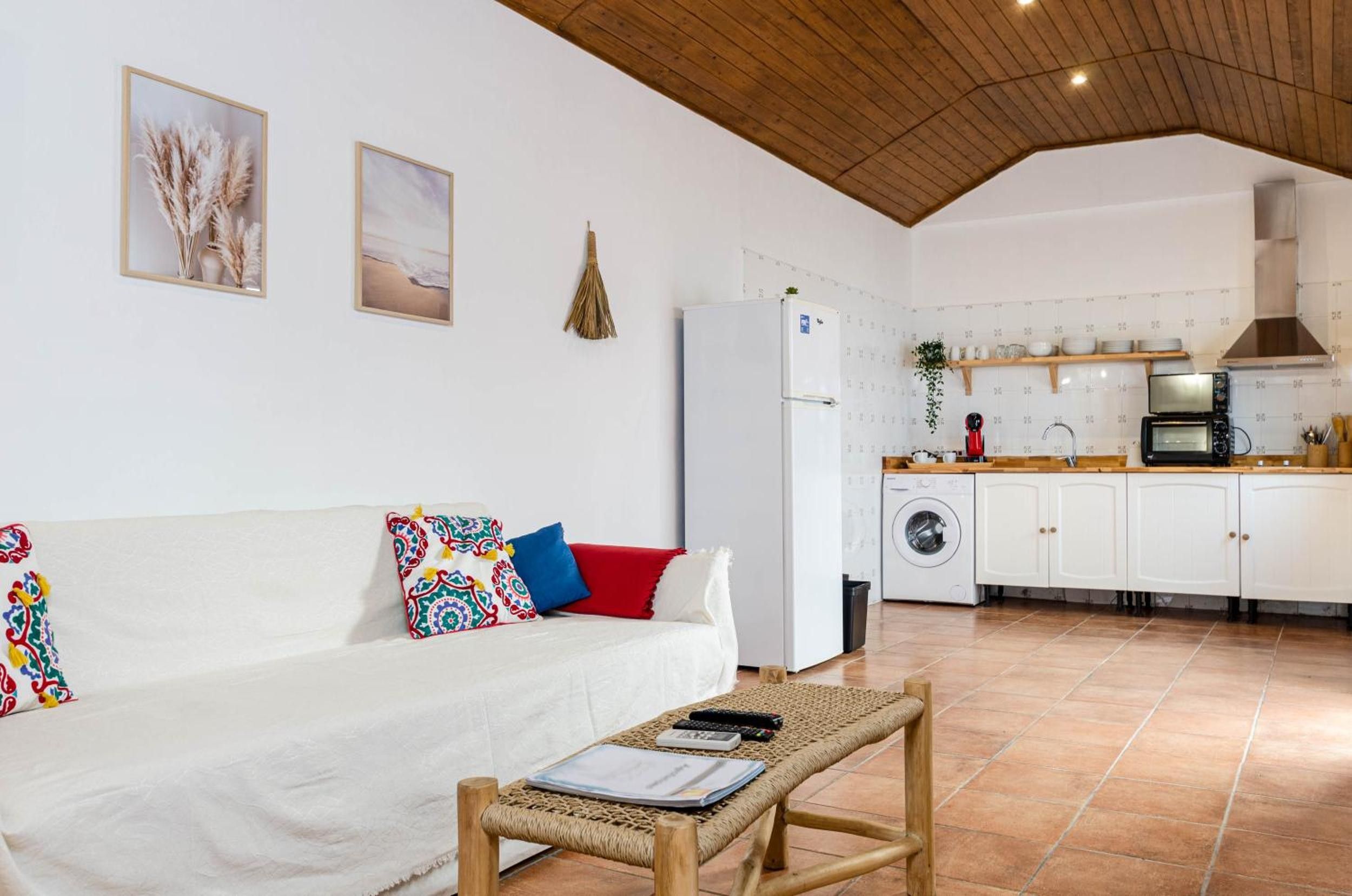 Una sala de estar con un sofá, una mesa de centro y una cocina equipada con lavadora y microondas.