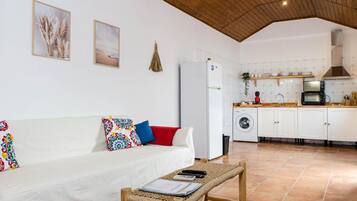 Una sala de estar con un sofá, una mesa de centro y una cocina equipada con lavadora y microondas.
