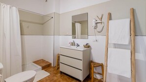 Casa de banho com chuveiro, sanita, toucador com espelho e secador de cabelo fixado na parede.