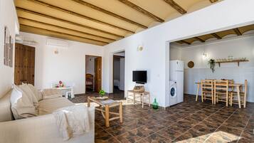 Un grand espace de vie comprenant un canapé, une table à manger avec des chaises, un téléviseur et un lave-linge.