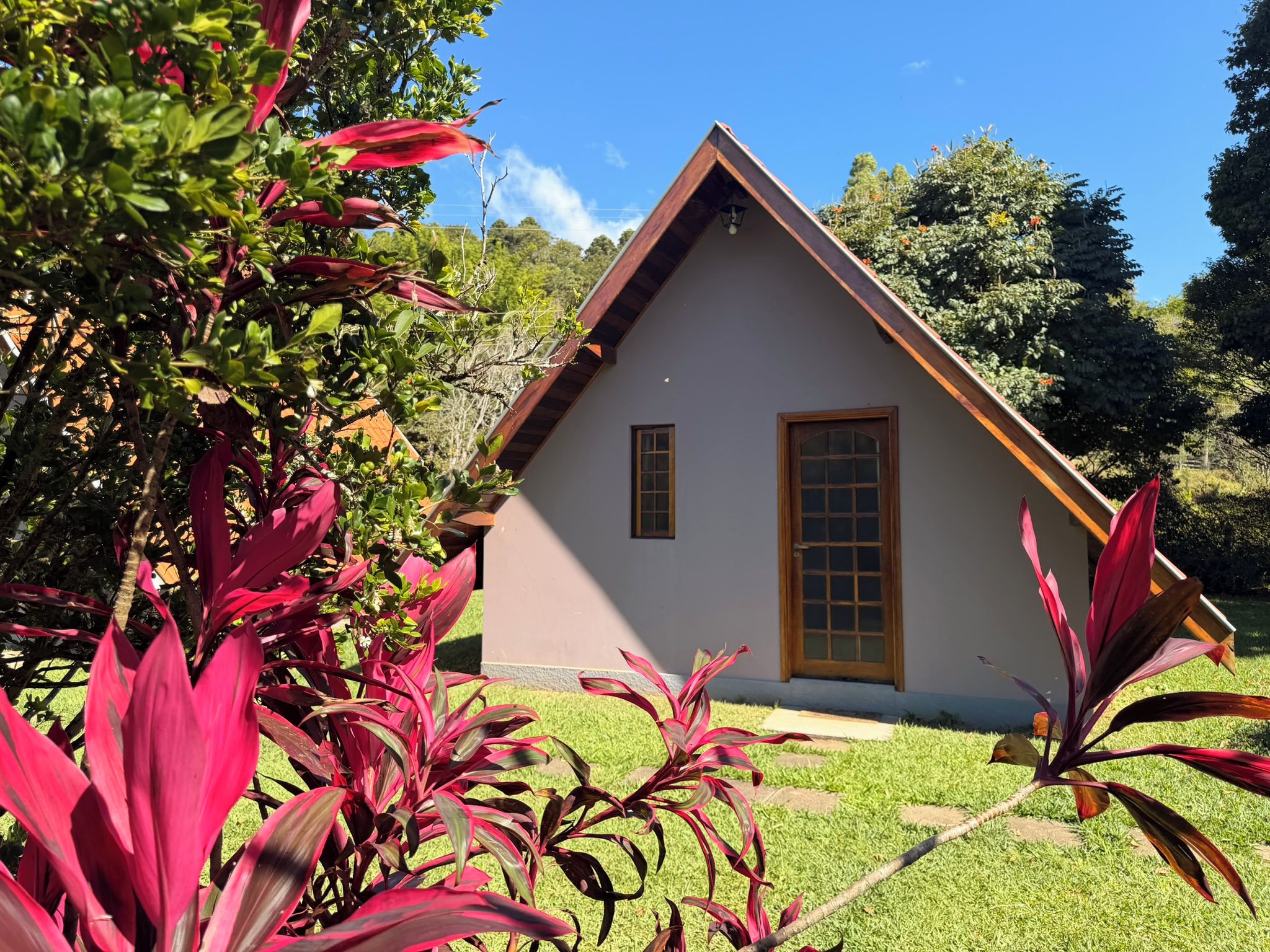 A house with a triangular roof, a wooden door, and a window.