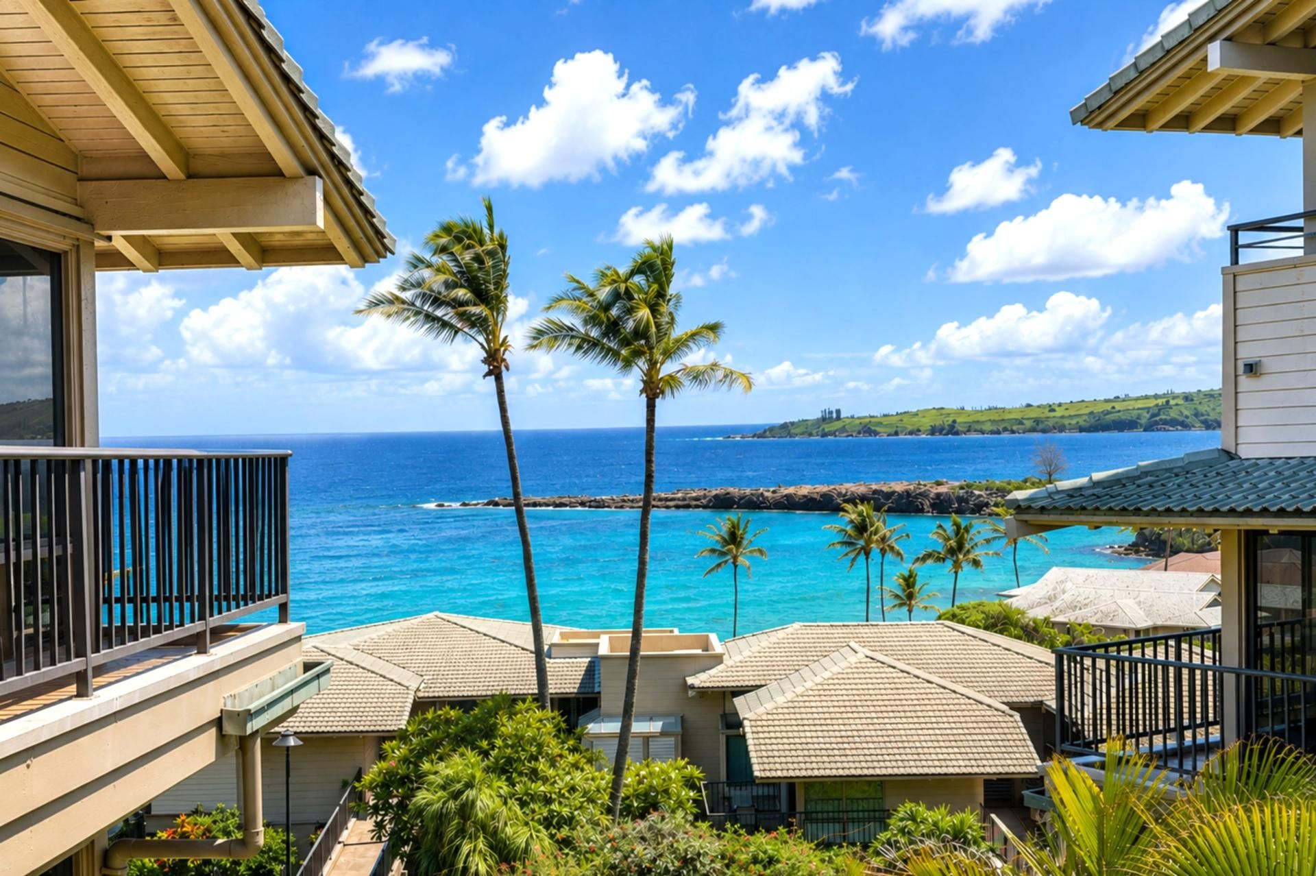 A coastal property with a view of the ocean, featuring multiple buildings with tiled roofs and a balcony overlooking the sea.