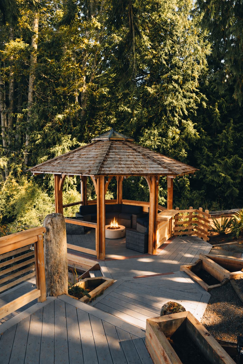 Um gazebo de madeira com lareira, assentos e um deck com jardineiras de madeira.