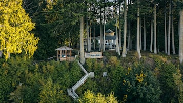 Una zona boscosa con un gazebo in legno e una casa circondata da alberi alti.