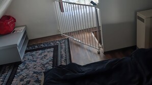Een kamer met een schuine plafond, een raam met uitzicht op groen, een witte radiator en een kamerbreed tapijt met een patroon.
