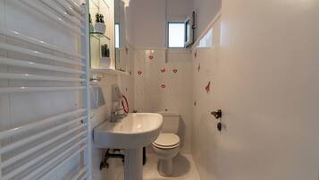 Een badkamer met een wit wastafel, toilet en glazen planken met toiletartikelen.
