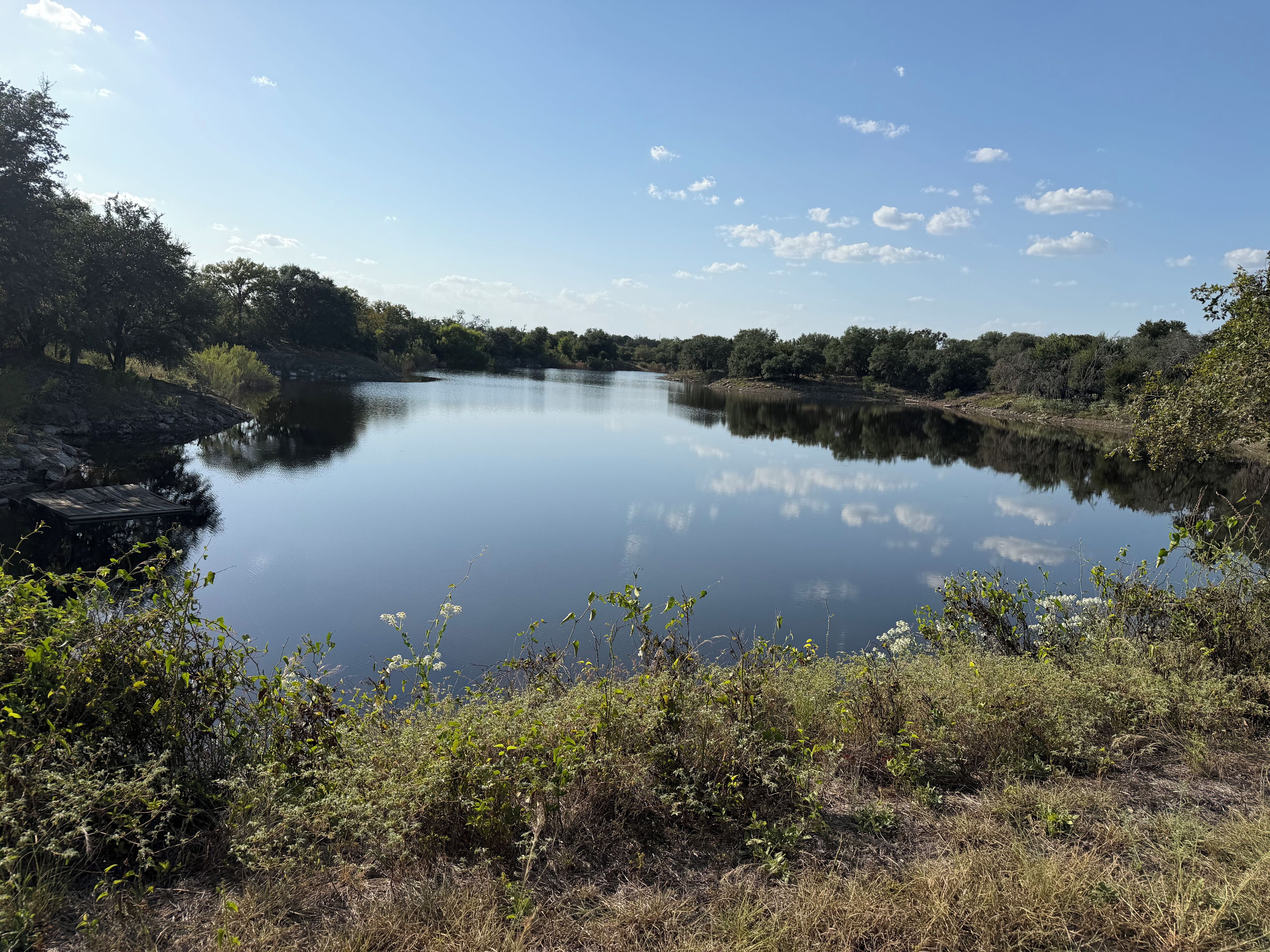 A calm lake with a dock on the left, surrounded by dense greenery and trees.
