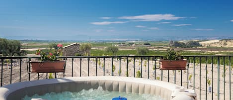 Un jacuzzi con vistas a un viñedo y montañas al fondo.