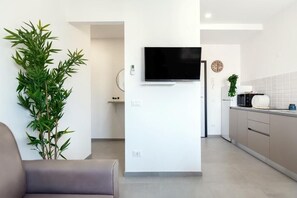 Une cuisine moderne équipée d’un téléviseur à écran plat, d’une plante en pot et d’un canapé dans l’espace salon.