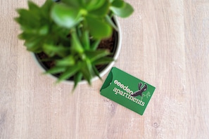 Planta em vaso e um cartão verde com o texto 'eeeden apartments' sobre uma superfície de madeira.