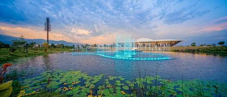 A water feature with fountains and lily pads in a park setting.