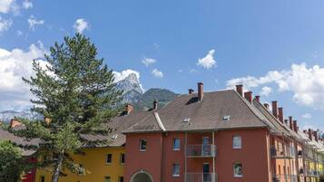 A row of multi-story buildings with a mountain in the background.