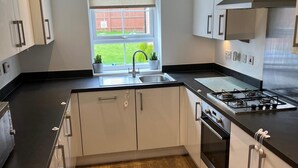 Een moderne keuken met een gasfornuis, spoelbak en houten vloer.