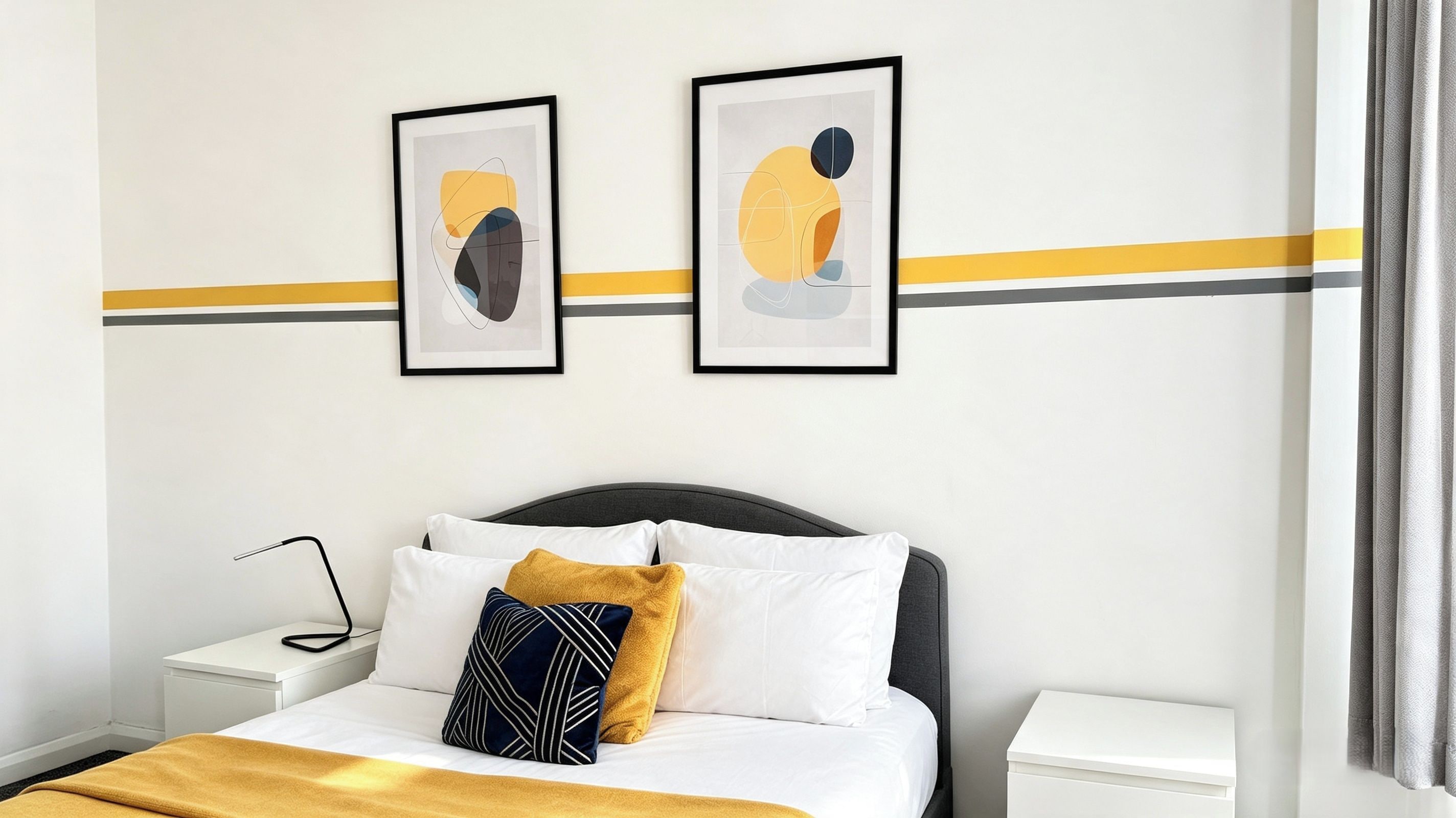 A hotel room with a bed, two bedside tables, a bedside lamp, and two framed abstract artworks on the wall.