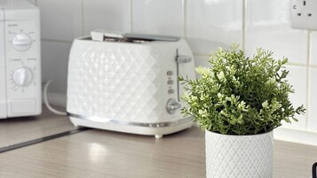 A kitchen with a white toaster and a potted plant on the counter.