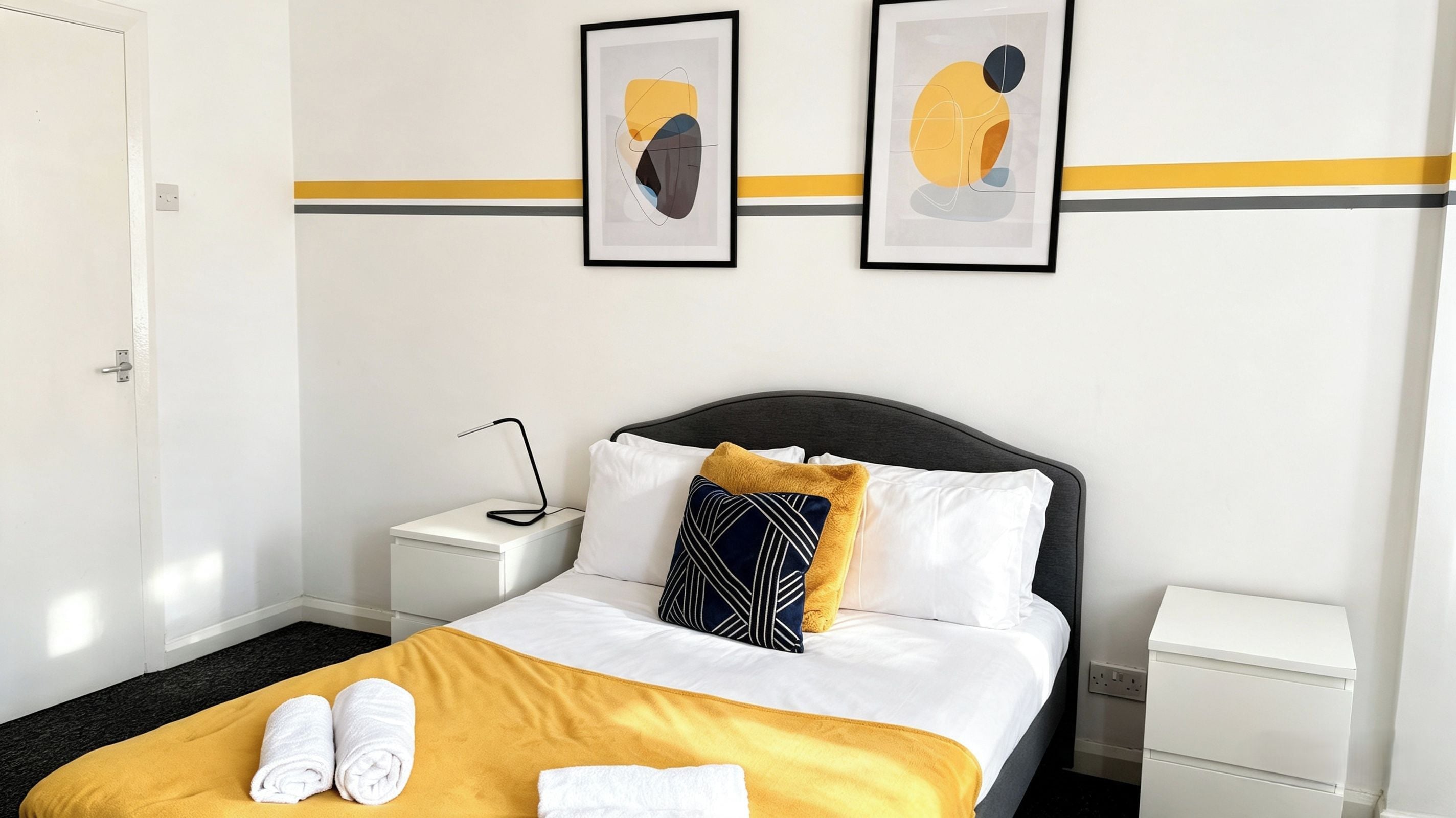 A hotel room with a bed, a bedside table, a lamp, and two framed abstract artworks on the wall.