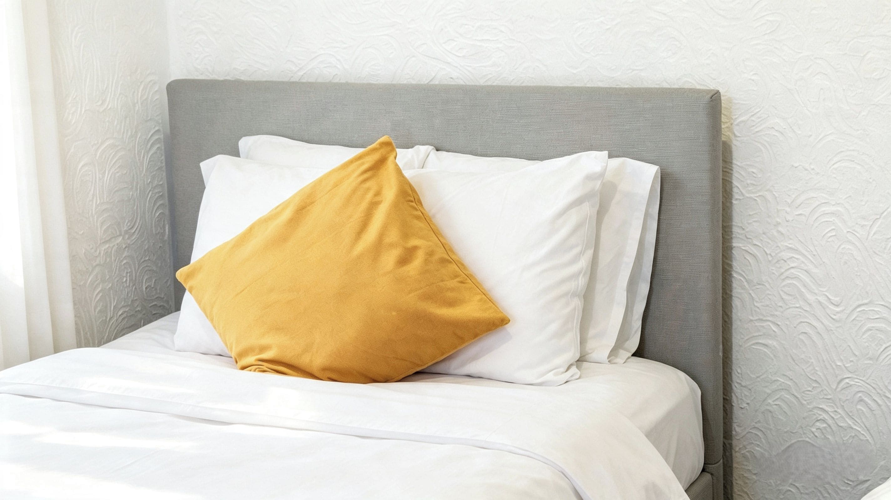 Een bed met wit beddengoed en één mosterdgeel kussen.