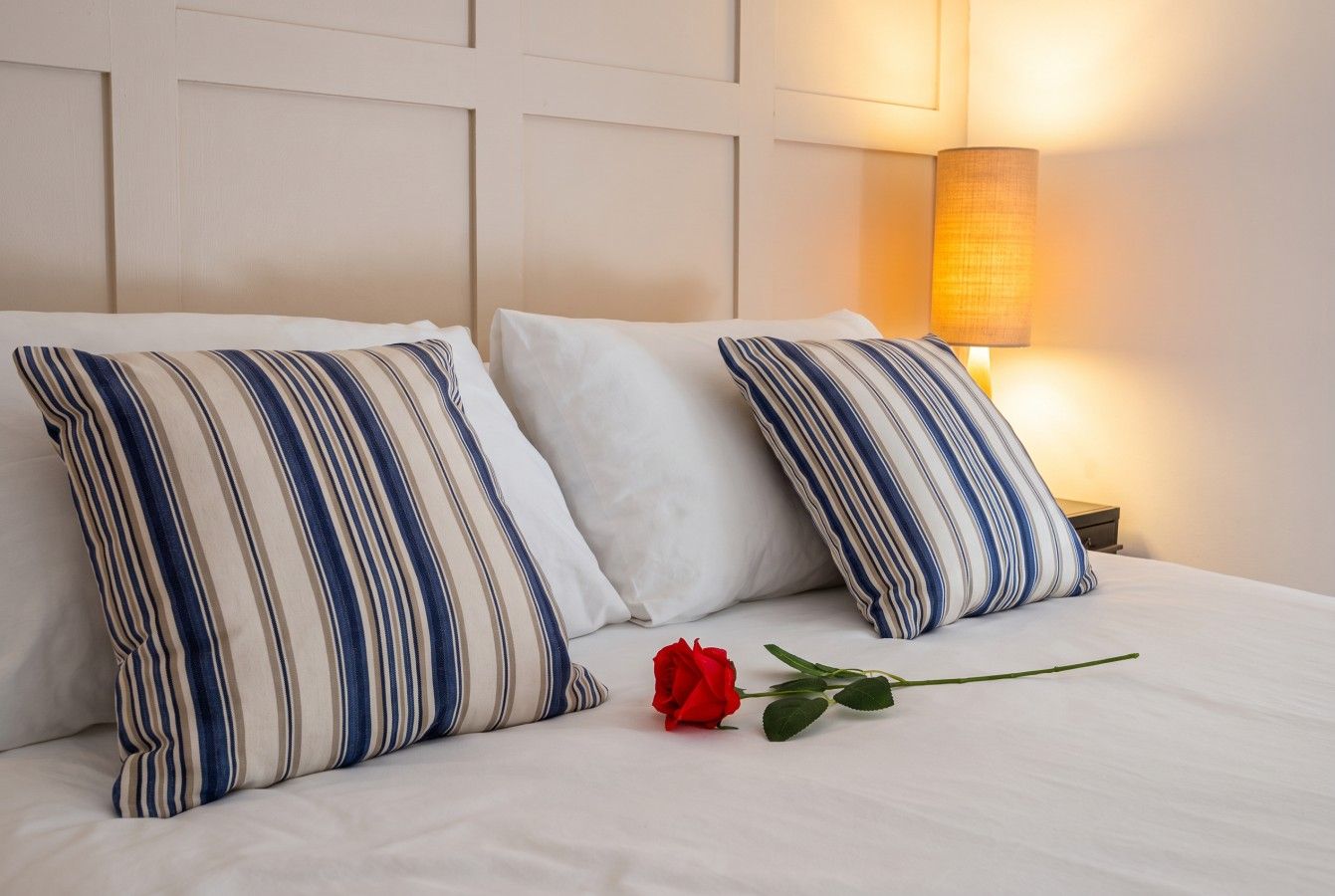 A neatly made bed with striped pillows and a single red rose.