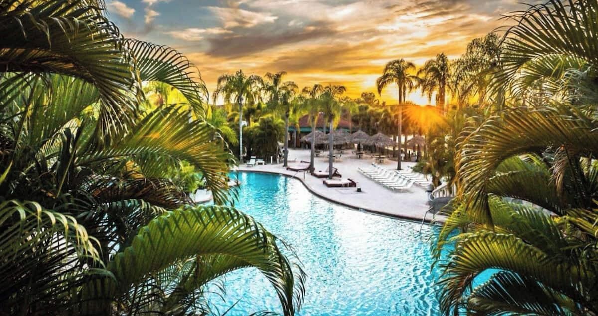 A swimming pool surrounded by palm trees and lounge chairs, with a sunset in the background.
