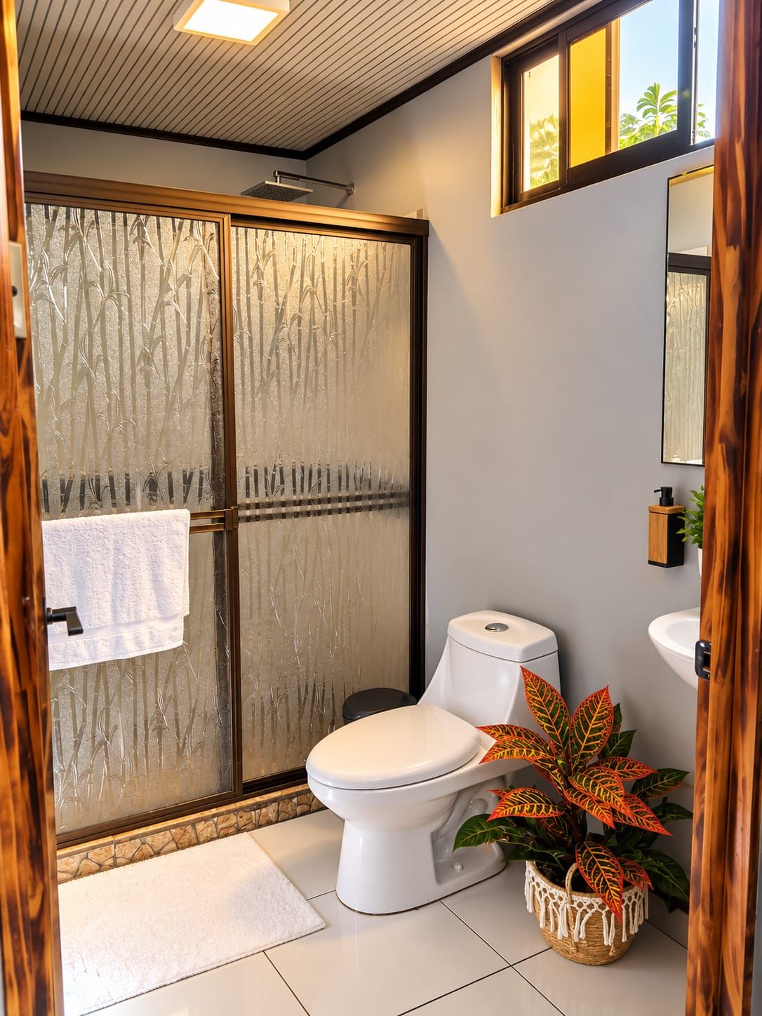 A modern bathroom with a toilet, sink, and a shower with frosted glass doors.