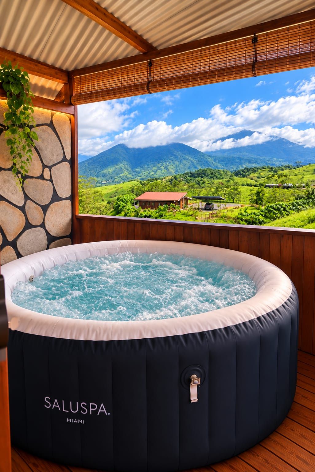 Un jacuzzi con vista a un paisaje montañoso.