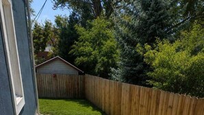 Un patio trasero con cerca de madera, un sendero de concreto y una manguera verde enrollada en el suelo.