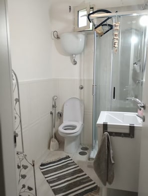 A bathroom with a toilet, sink, and shower. - Selvaluna . (Campania)