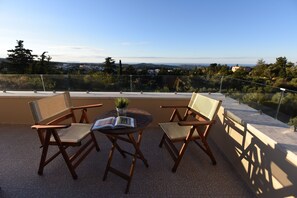 Eine Terrasse mit zwei Holzstühlen, einem Tisch, einem Buch und einem Blumentopf.