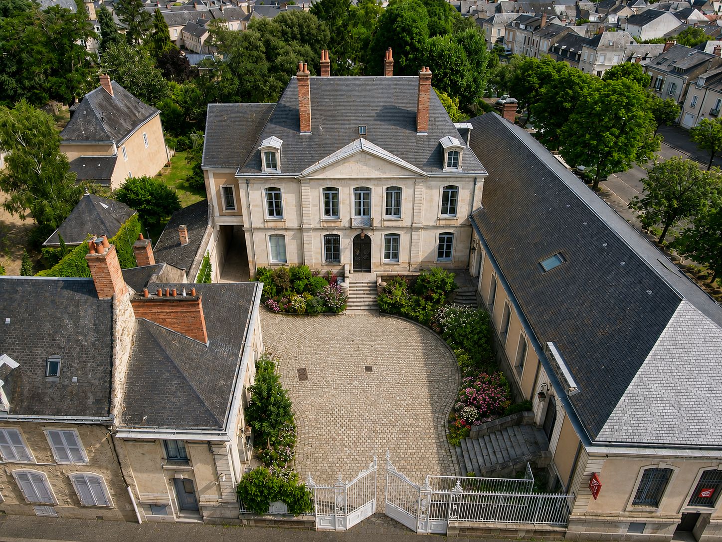 A large, historic building with a central courtyard, surrounded by other structures.