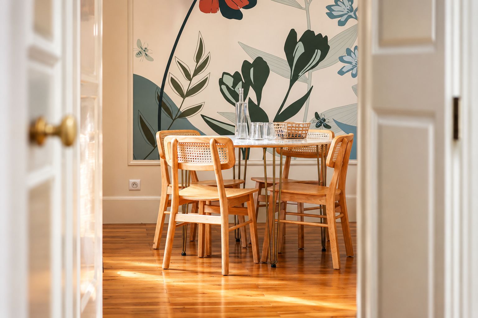 Ein Essbereich mit Tisch und Stühlen, einer Wandmalerei mit floralen und Insektenmotiven sowie einem Holzboden.