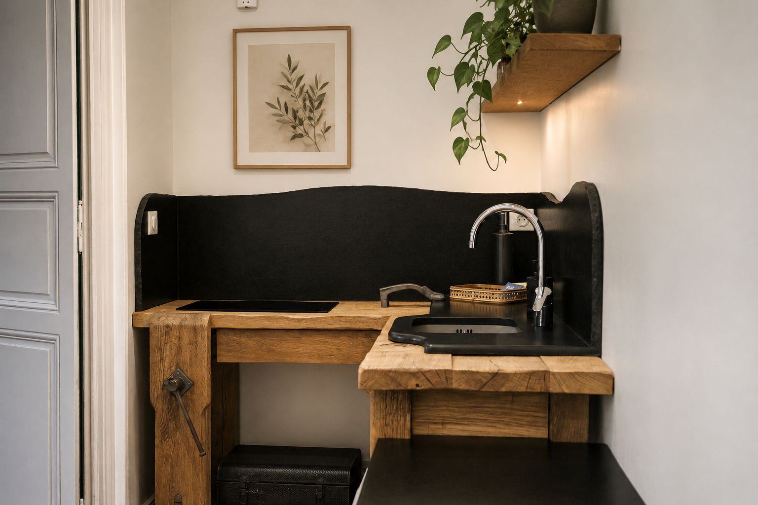 A compact kitchen with a wooden countertop, a black sink, and a hanging plant.