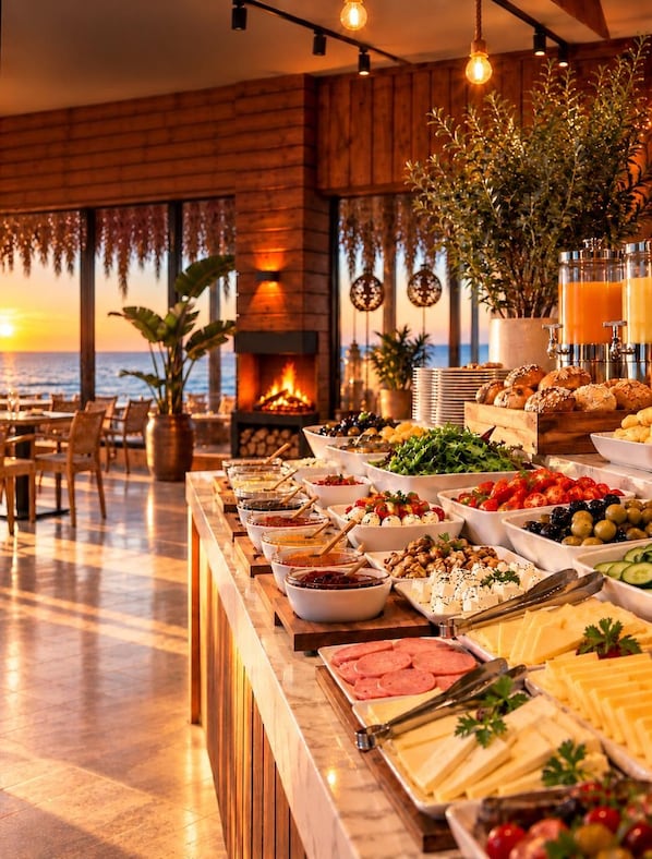 A buffet with various food items, a fireplace, and a view of the ocean. - Goga otel (Türkiye)