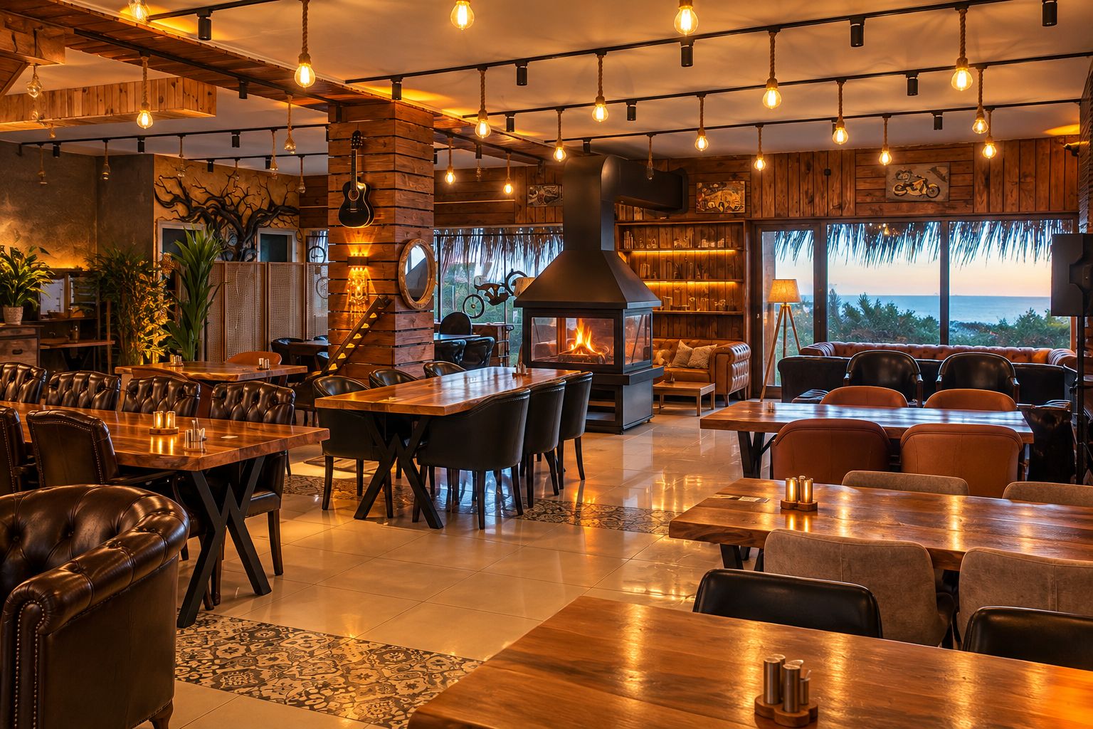 A restaurant with a fireplace, wooden decor, and a view of the ocean.