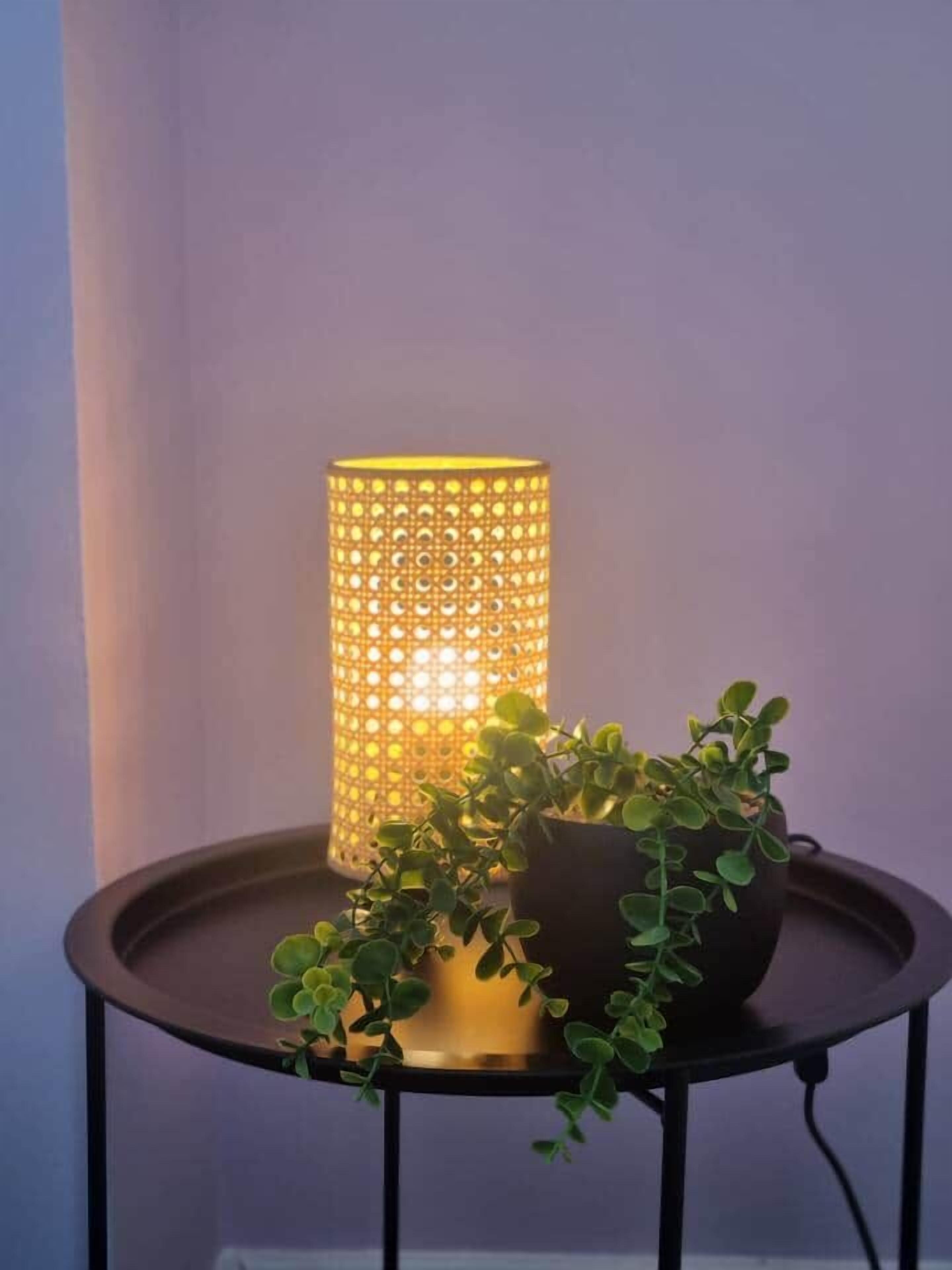 Une lampe cylindrique ornée d’un motif décoratif, posée sur une table ronde, avec une plante en pot à côté.