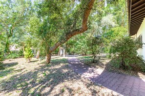A paved pathway leading through a garden with trees and shrubs. - Villa Subera - à 2 min du lac d'Hossegor (Hossegor)