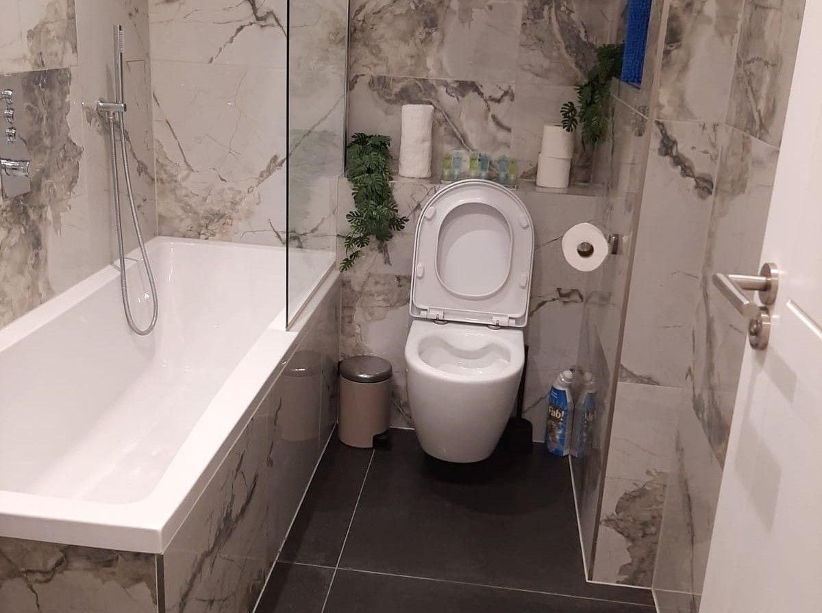 Une salle de bain avec une baignoire, des toilettes et une douche.