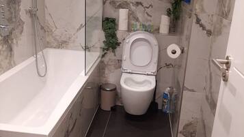 Une salle de bain avec une baignoire, des toilettes et une douche.