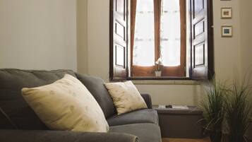 Un sofá gris con cojines estampados, una ventana con cortinas y una planta en maceta.